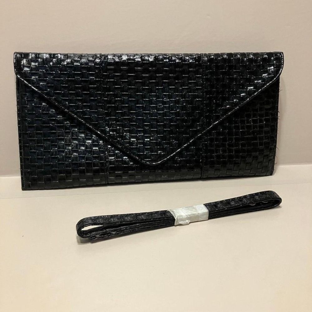 Lulu Townsend Black Faux Leather Woven Clutch Handbag‎